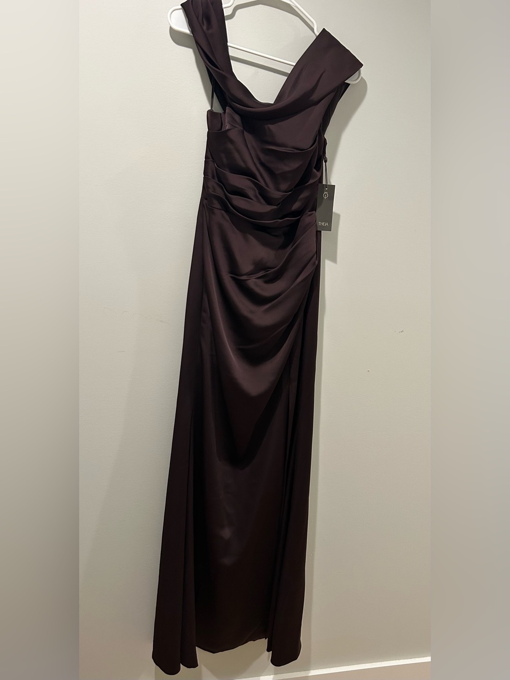 THEIA Celia One Shoulder Draped Gown in Chocolate Brown - Picture 5 of 10